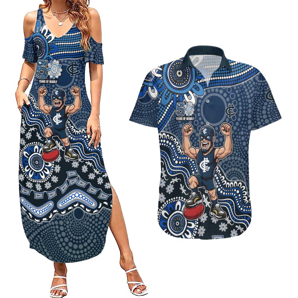 Personalized Carlton Blues Football Mascot Couples Matching Summer Maxi Dress and Hawaiian Shirt Aboriginal Dot Art Style Vibrant Indigenous Pattern Design