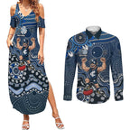Personalized Carlton Blues Football Mascot Couples Matching Summer Maxi Dress and Long Sleeve Button Shirt Aboriginal Dot Art Style Vibrant Indigenous Pattern Design