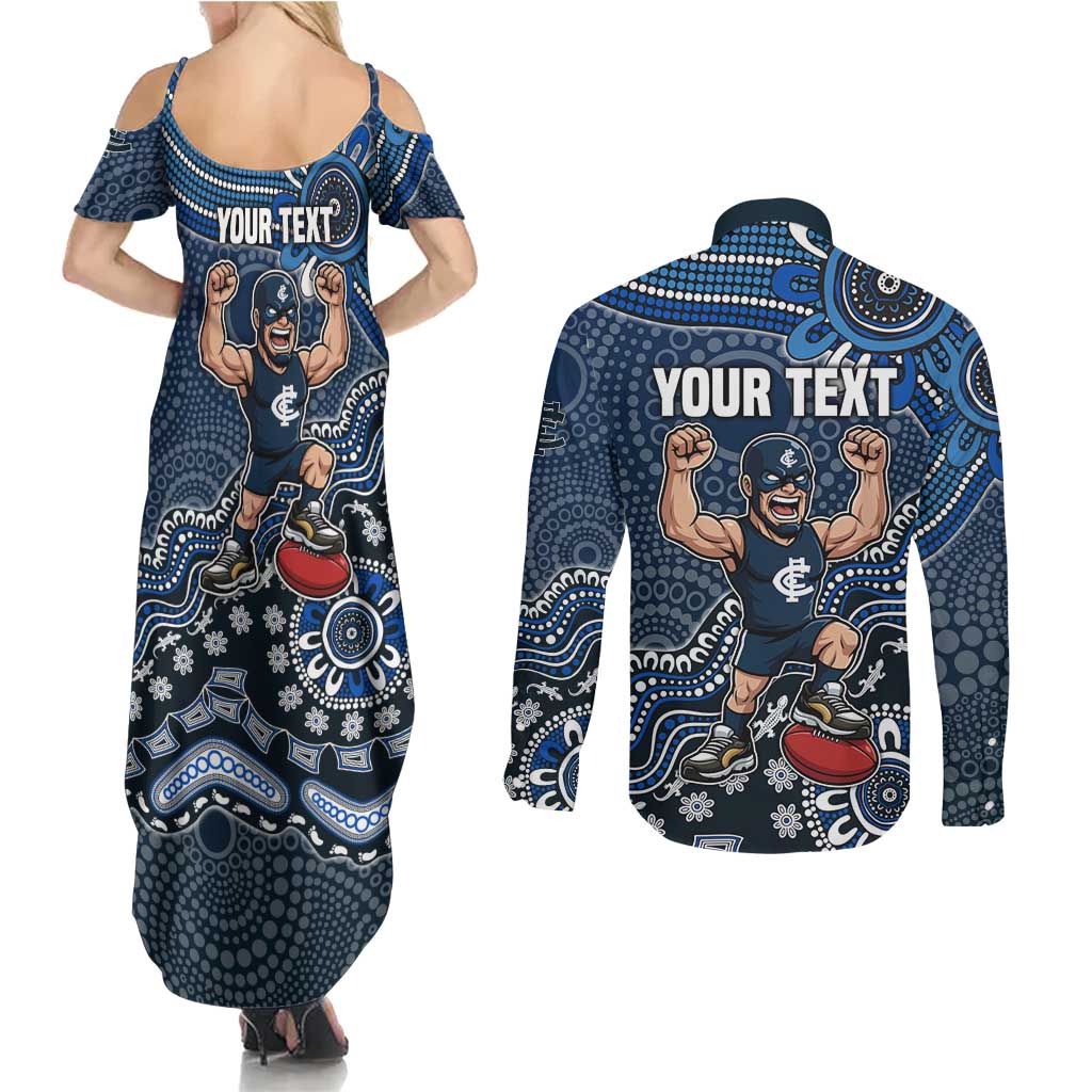 Personalized Carlton Blues Football Mascot Couples Matching Summer Maxi Dress and Long Sleeve Button Shirt Aboriginal Dot Art Style Vibrant Indigenous Pattern Design