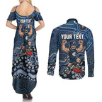 Personalized Carlton Blues Football Mascot Couples Matching Summer Maxi Dress and Long Sleeve Button Shirt Aboriginal Dot Art Style Vibrant Indigenous Pattern Design