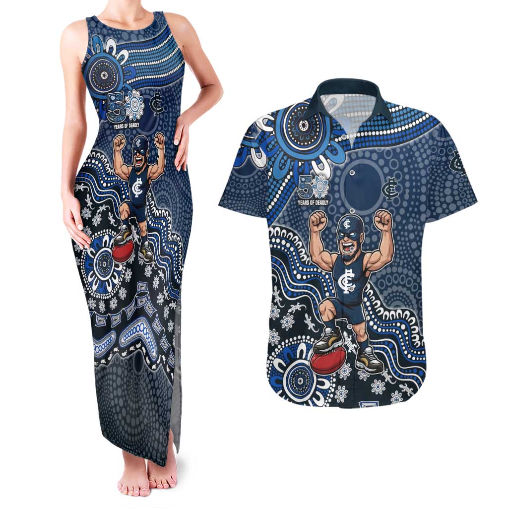 Personalized Carlton Blues Football Mascot Couples Matching Tank Maxi Dress and Hawaiian Shirt Aboriginal Dot Art Style Vibrant Indigenous Pattern Design