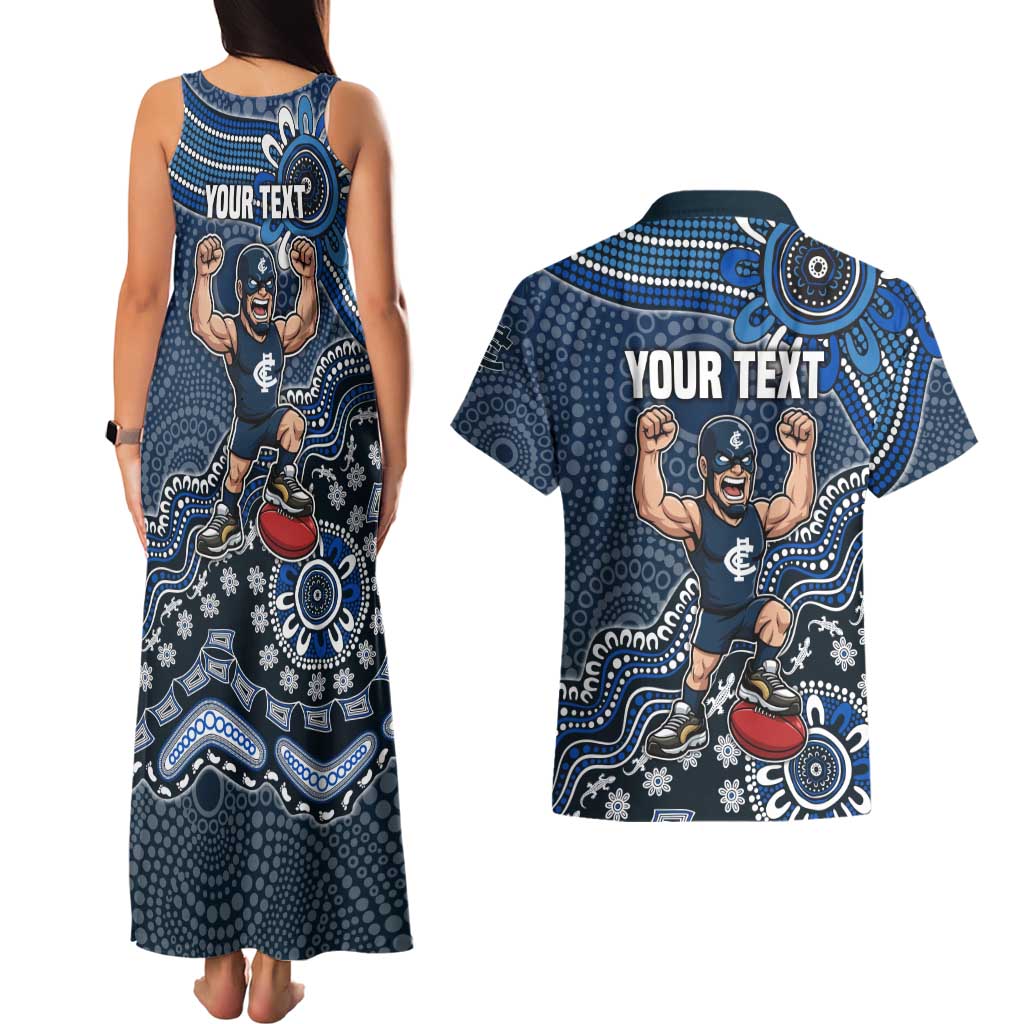 Personalized Carlton Blues Football Mascot Couples Matching Tank Maxi Dress and Hawaiian Shirt Aboriginal Dot Art Style Vibrant Indigenous Pattern Design