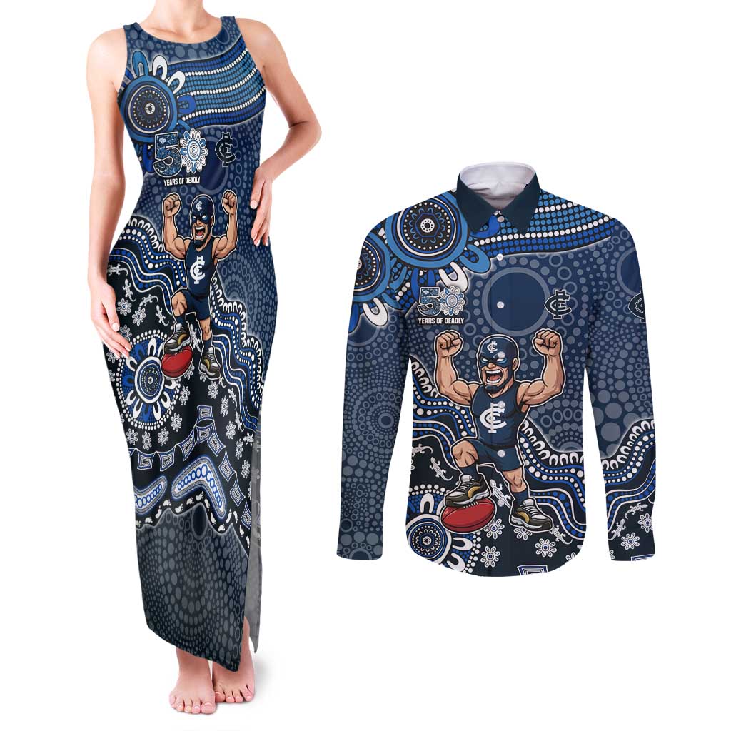 Personalized Carlton Blues Football Mascot Couples Matching Tank Maxi Dress and Long Sleeve Button Shirt Aboriginal Dot Art Style Vibrant Indigenous Pattern Design