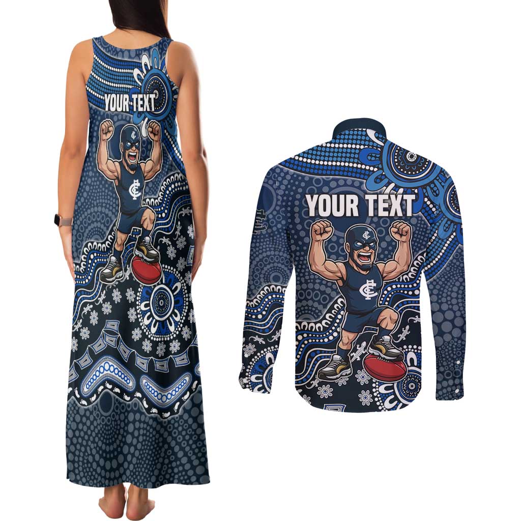 Personalized Carlton Blues Football Mascot Couples Matching Tank Maxi Dress and Long Sleeve Button Shirt Aboriginal Dot Art Style Vibrant Indigenous Pattern Design