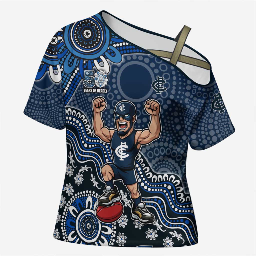 Personalized Carlton Blues Football Mascot Cross Shoulder Shirt Aboriginal Dot Art Style Vibrant Indigenous Pattern Design
