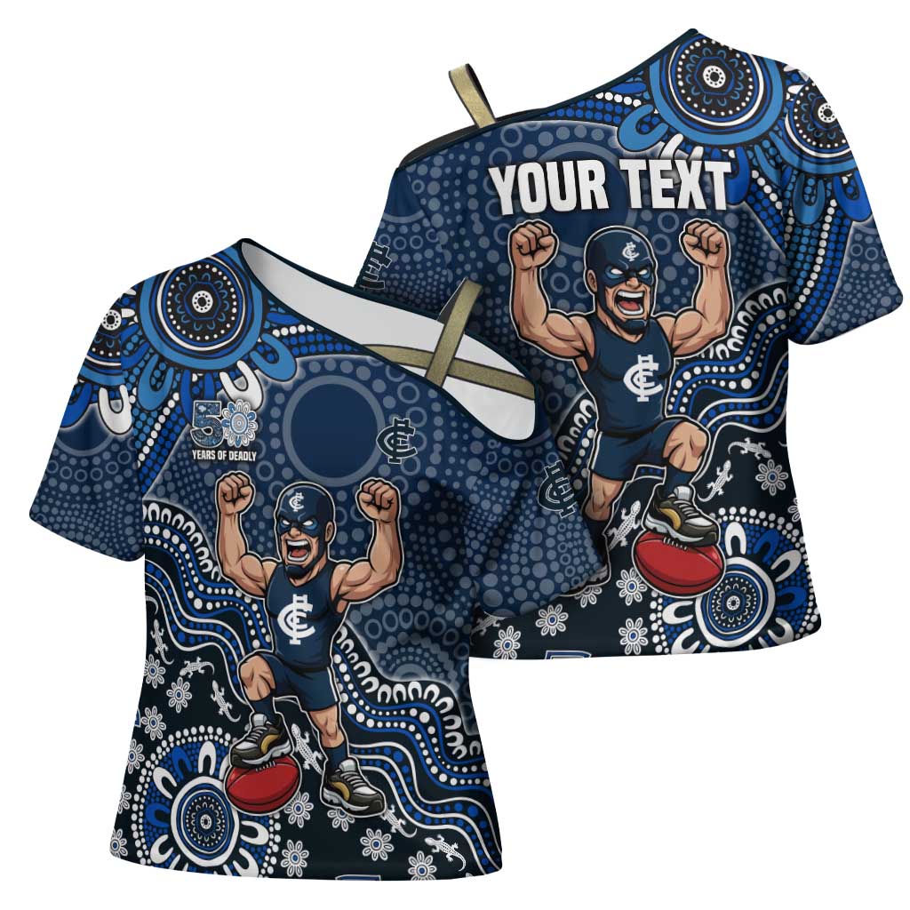 Personalized Carlton Blues Football Mascot Cross Shoulder Shirt Aboriginal Dot Art Style Vibrant Indigenous Pattern Design