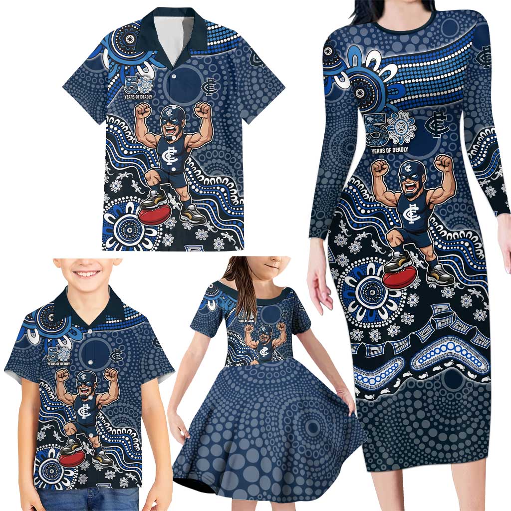 Personalized Carlton Blues Football Mascot Family Matching Long Sleeve Bodycon Dress and Hawaiian Shirt Aboriginal Dot Art Style Vibrant Indigenous Pattern Design