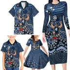 Personalized Carlton Blues Football Mascot Family Matching Long Sleeve Bodycon Dress and Hawaiian Shirt Aboriginal Dot Art Style Vibrant Indigenous Pattern Design
