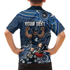 Personalized Carlton Blues Football Mascot Family Matching Long Sleeve Bodycon Dress and Hawaiian Shirt Aboriginal Dot Art Style Vibrant Indigenous Pattern Design