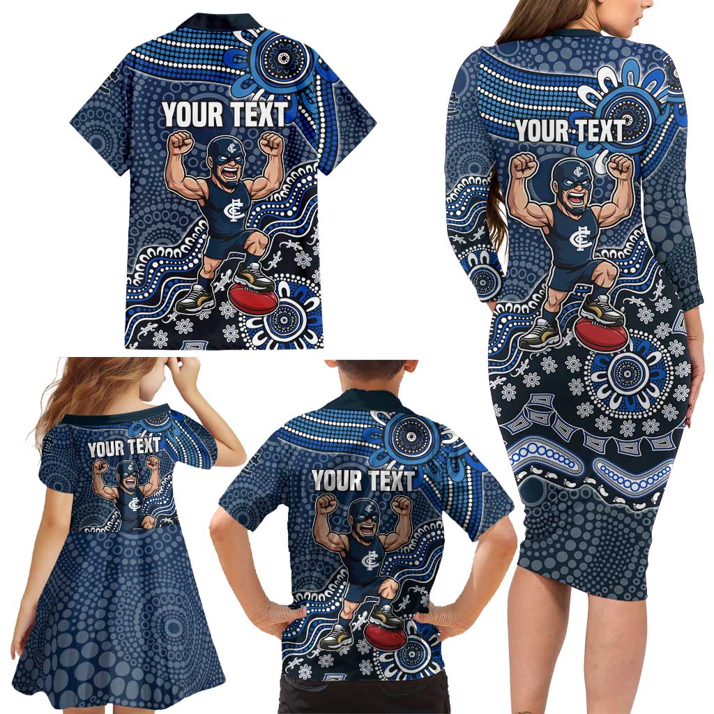 Personalized Carlton Blues Football Mascot Family Matching Long Sleeve Bodycon Dress and Hawaiian Shirt Aboriginal Dot Art Style Vibrant Indigenous Pattern Design