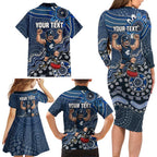 Personalized Carlton Blues Football Mascot Family Matching Long Sleeve Bodycon Dress and Hawaiian Shirt Aboriginal Dot Art Style Vibrant Indigenous Pattern Design