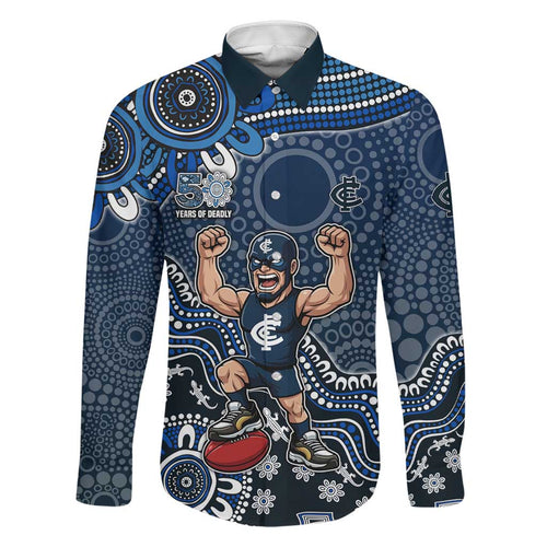 Personalized Carlton Blues Football Mascot Family Matching Long Sleeve Bodycon Dress and Hawaiian Shirt Aboriginal Dot Art Style Vibrant Indigenous Pattern Design