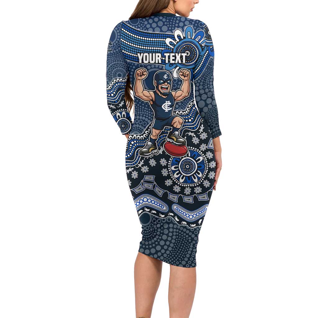 Personalized Carlton Blues Football Mascot Family Matching Long Sleeve Bodycon Dress and Hawaiian Shirt Aboriginal Dot Art Style Vibrant Indigenous Pattern Design