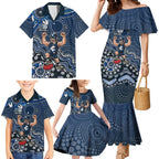 Personalized Carlton Blues Football Mascot Family Matching Mermaid Dress and Hawaiian Shirt Aboriginal Dot Art Style Vibrant Indigenous Pattern Design