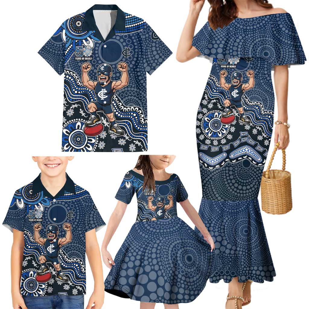 Personalized Carlton Blues Football Mascot Family Matching Mermaid Dress and Hawaiian Shirt Aboriginal Dot Art Style Vibrant Indigenous Pattern Design