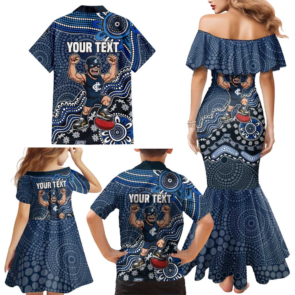 Personalized Carlton Blues Football Mascot Family Matching Mermaid Dress and Hawaiian Shirt Aboriginal Dot Art Style Vibrant Indigenous Pattern Design