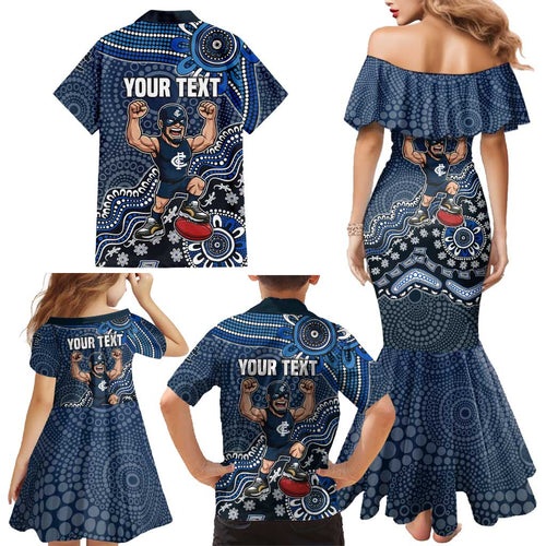 Personalized Carlton Blues Football Mascot Family Matching Mermaid Dress and Hawaiian Shirt Aboriginal Dot Art Style Vibrant Indigenous Pattern Design