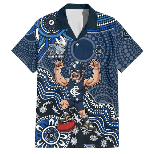Personalized Carlton Blues Football Mascot Family Matching Mermaid Dress and Hawaiian Shirt Aboriginal Dot Art Style Vibrant Indigenous Pattern Design