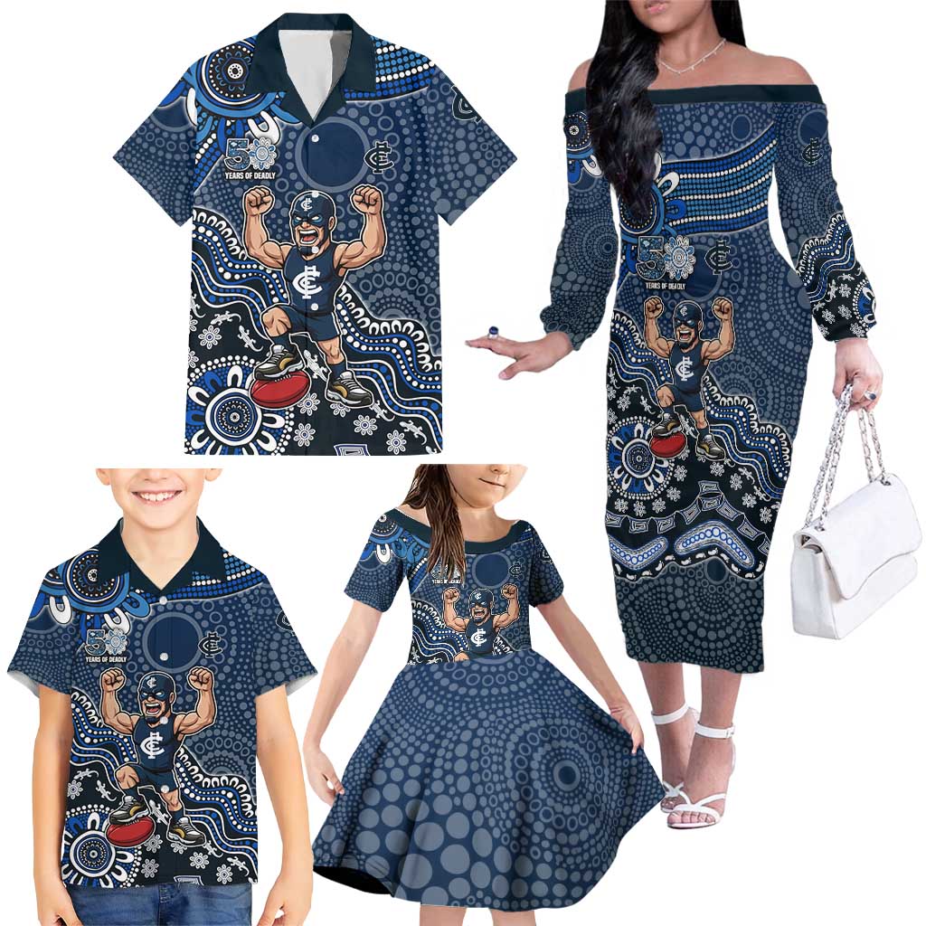 Personalized Carlton Blues Football Mascot Family Matching Off The Shoulder Long Sleeve Dress and Hawaiian Shirt Aboriginal Dot Art Style Vibrant Indigenous Pattern Design