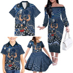 Personalized Carlton Blues Football Mascot Family Matching Off The Shoulder Long Sleeve Dress and Hawaiian Shirt Aboriginal Dot Art Style Vibrant Indigenous Pattern Design
