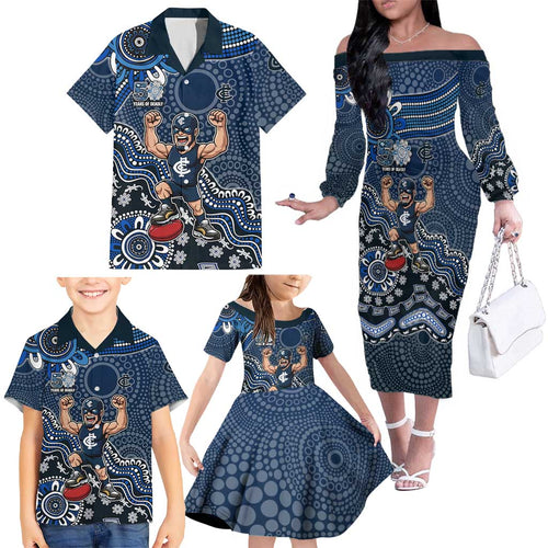Personalized Carlton Blues Football Mascot Family Matching Off The Shoulder Long Sleeve Dress and Hawaiian Shirt Aboriginal Dot Art Style Vibrant Indigenous Pattern Design