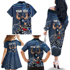 Personalized Carlton Blues Football Mascot Family Matching Off The Shoulder Long Sleeve Dress and Hawaiian Shirt Aboriginal Dot Art Style Vibrant Indigenous Pattern Design