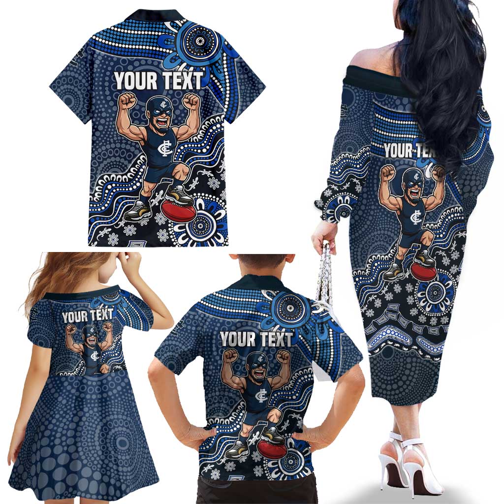 Personalized Carlton Blues Football Mascot Family Matching Off The Shoulder Long Sleeve Dress and Hawaiian Shirt Aboriginal Dot Art Style Vibrant Indigenous Pattern Design