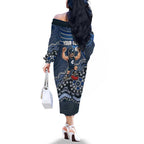 Personalized Carlton Blues Football Mascot Family Matching Off The Shoulder Long Sleeve Dress and Hawaiian Shirt Aboriginal Dot Art Style Vibrant Indigenous Pattern Design