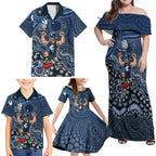Personalized Carlton Blues Football Mascot Family Matching Off Shoulder Maxi Dress and Hawaiian Shirt Aboriginal Dot Art Style Vibrant Indigenous Pattern Design