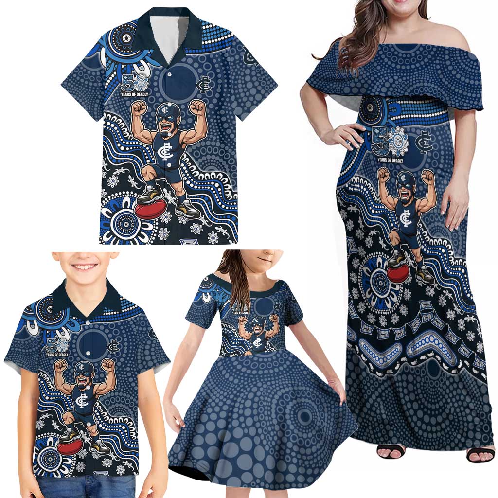 Personalized Carlton Blues Football Mascot Family Matching Off Shoulder Maxi Dress and Hawaiian Shirt Aboriginal Dot Art Style Vibrant Indigenous Pattern Design