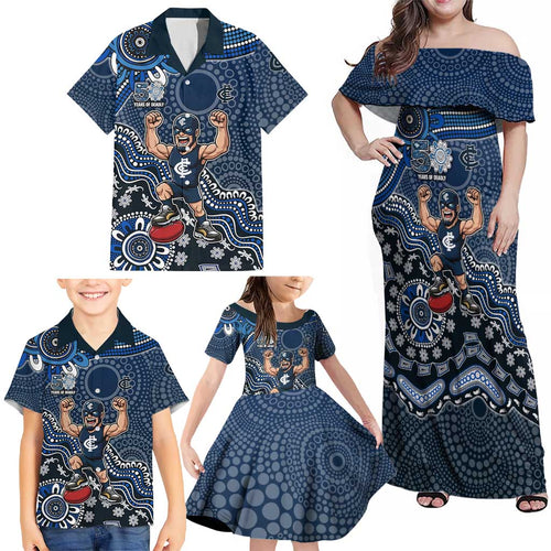 Personalized Carlton Blues Football Mascot Family Matching Off Shoulder Maxi Dress and Hawaiian Shirt Aboriginal Dot Art Style Vibrant Indigenous Pattern Design