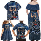 Personalized Carlton Blues Football Mascot Family Matching Off Shoulder Maxi Dress and Hawaiian Shirt Aboriginal Dot Art Style Vibrant Indigenous Pattern Design