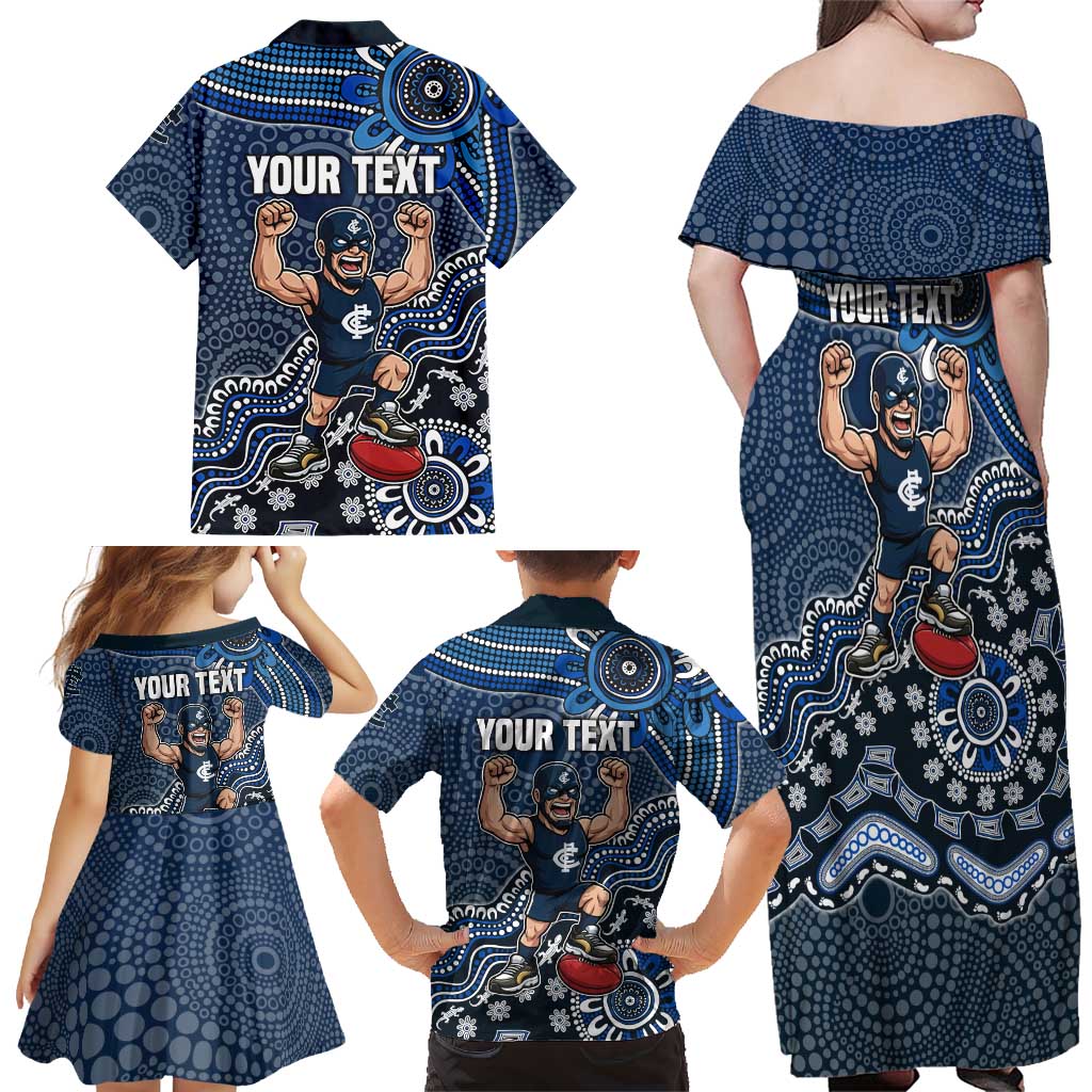 Personalized Carlton Blues Football Mascot Family Matching Off Shoulder Maxi Dress and Hawaiian Shirt Aboriginal Dot Art Style Vibrant Indigenous Pattern Design