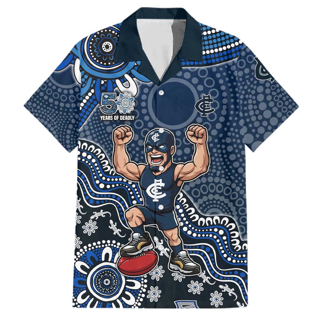 Personalized Carlton Blues Football Mascot Family Matching Off Shoulder Maxi Dress and Hawaiian Shirt Aboriginal Dot Art Style Vibrant Indigenous Pattern Design