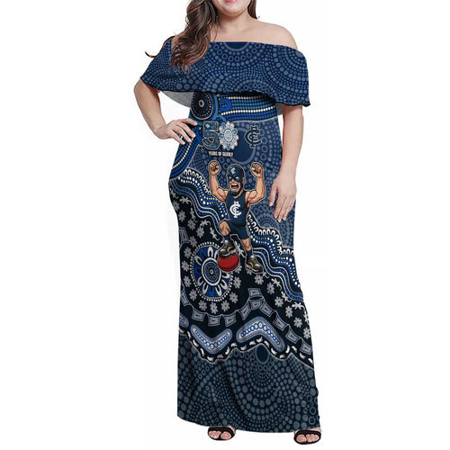 Personalized Carlton Blues Football Mascot Family Matching Off Shoulder Maxi Dress and Hawaiian Shirt Aboriginal Dot Art Style Vibrant Indigenous Pattern Design