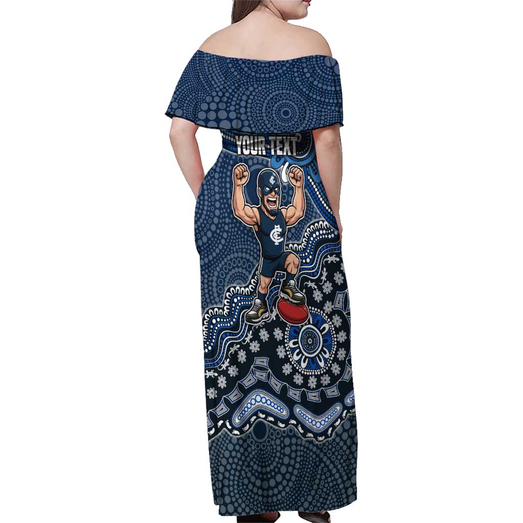 Personalized Carlton Blues Football Mascot Family Matching Off Shoulder Maxi Dress and Hawaiian Shirt Aboriginal Dot Art Style Vibrant Indigenous Pattern Design