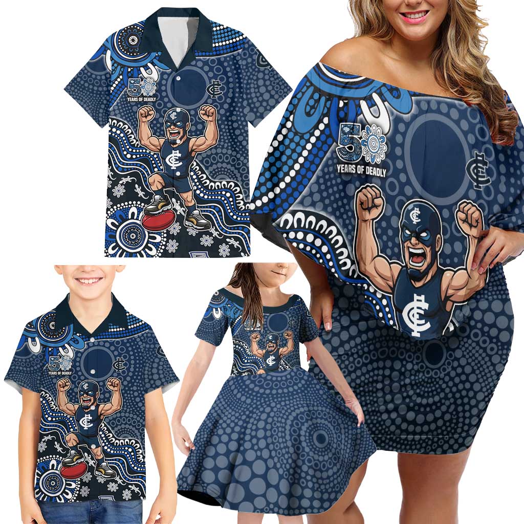 Personalized Carlton Blues Football Mascot Family Matching Off Shoulder Short Dress and Hawaiian Shirt Aboriginal Dot Art Style Vibrant Indigenous Pattern Design