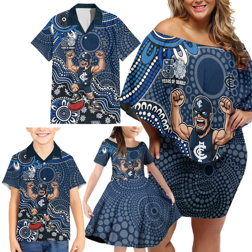 Personalized Carlton Blues Football Mascot Family Matching Off Shoulder Short Dress and Hawaiian Shirt Aboriginal Dot Art Style Vibrant Indigenous Pattern Design