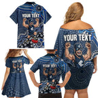 Personalized Carlton Blues Football Mascot Family Matching Off Shoulder Short Dress and Hawaiian Shirt Aboriginal Dot Art Style Vibrant Indigenous Pattern Design