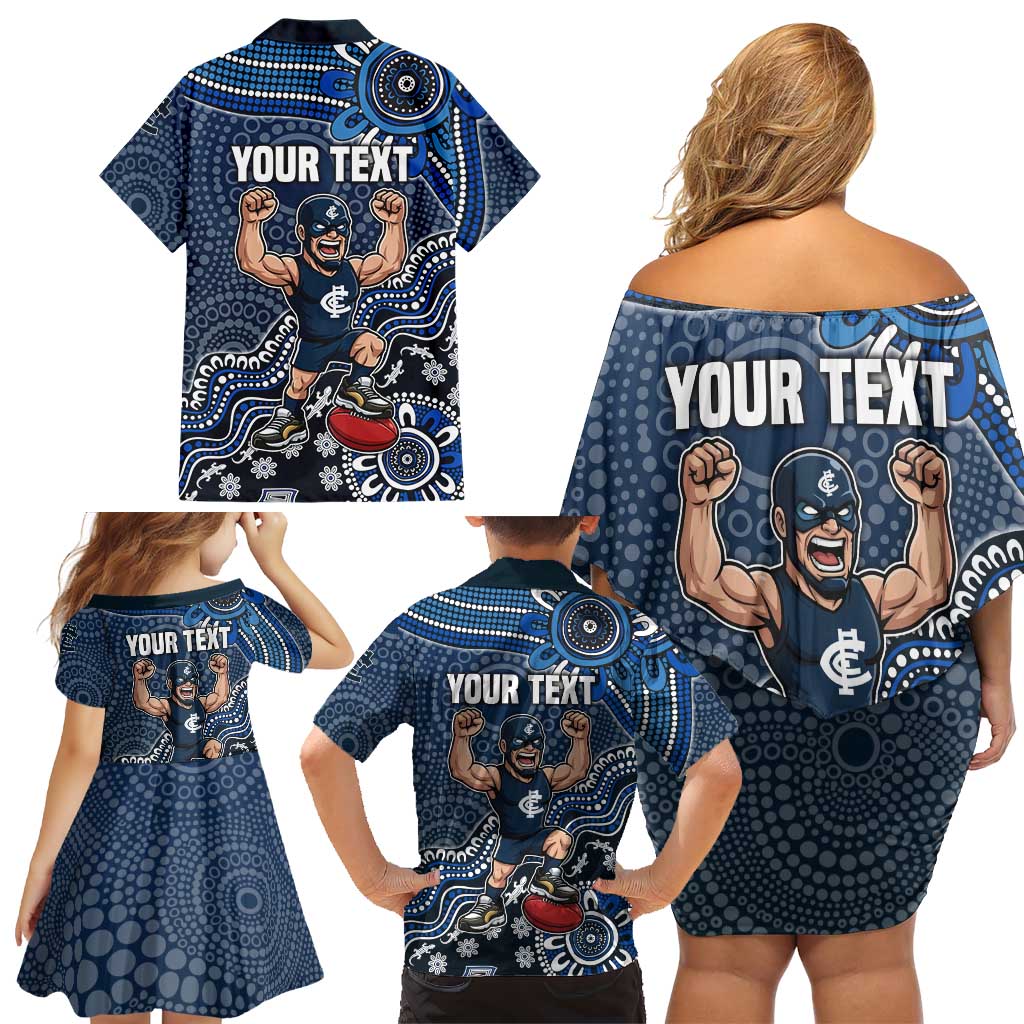 Personalized Carlton Blues Football Mascot Family Matching Off Shoulder Short Dress and Hawaiian Shirt Aboriginal Dot Art Style Vibrant Indigenous Pattern Design
