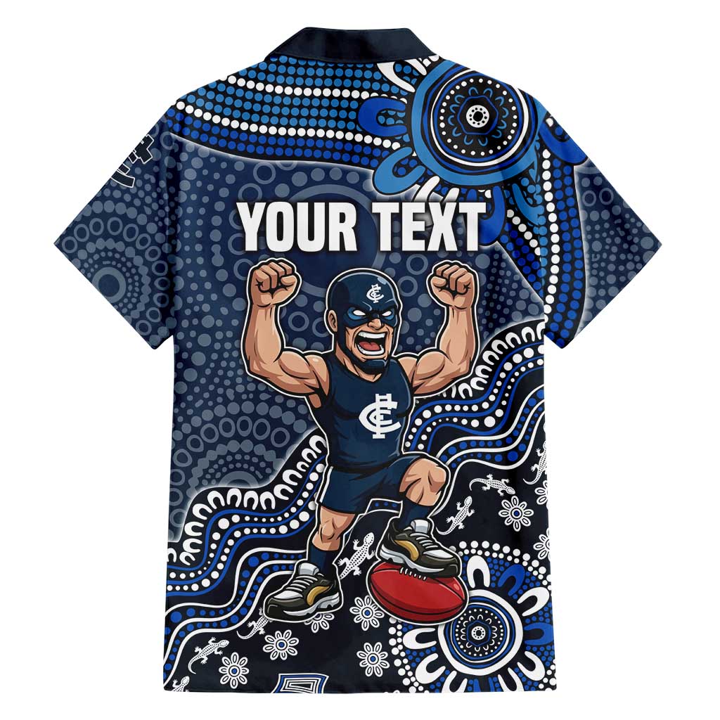 Personalized Carlton Blues Football Mascot Family Matching Off Shoulder Short Dress and Hawaiian Shirt Aboriginal Dot Art Style Vibrant Indigenous Pattern Design