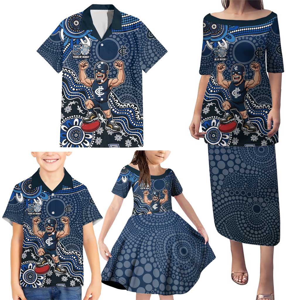Personalized Carlton Blues Football Mascot Family Matching Puletasi and Hawaiian Shirt Aboriginal Dot Art Style Vibrant Indigenous Pattern Design