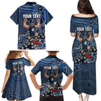 Personalized Carlton Blues Football Mascot Family Matching Puletasi and Hawaiian Shirt Aboriginal Dot Art Style Vibrant Indigenous Pattern Design