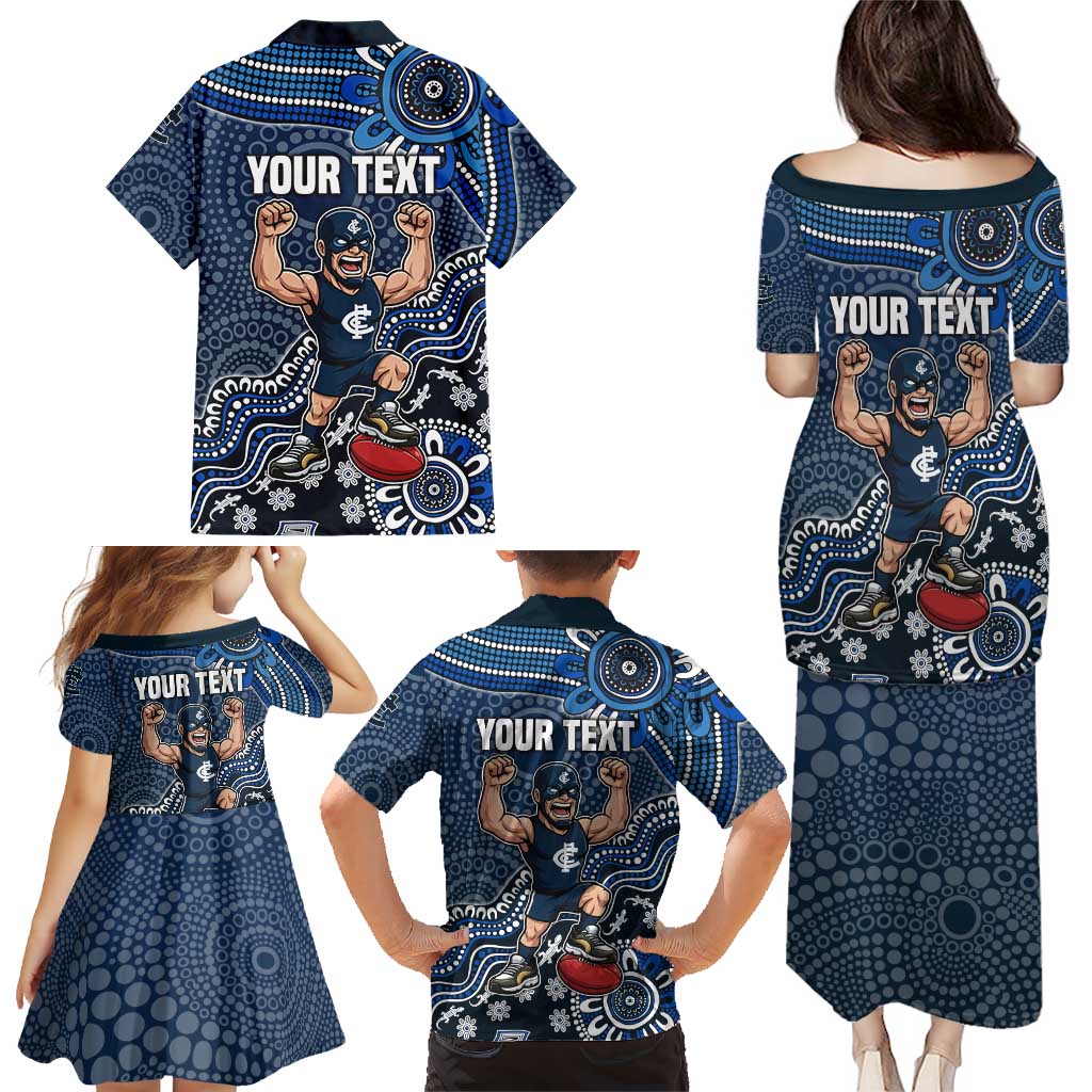 Personalized Carlton Blues Football Mascot Family Matching Puletasi and Hawaiian Shirt Aboriginal Dot Art Style Vibrant Indigenous Pattern Design
