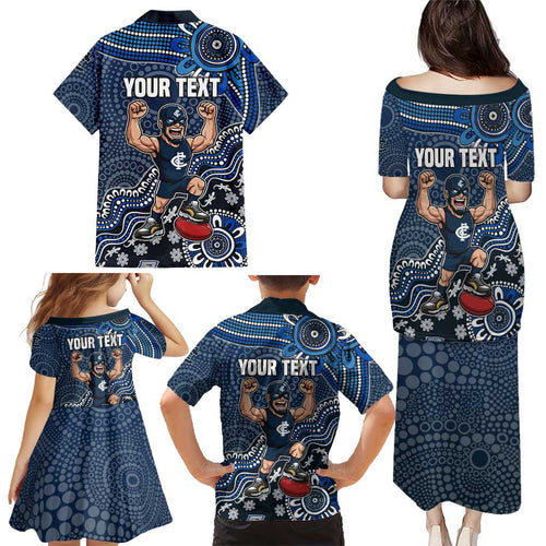 Personalized Carlton Blues Football Mascot Family Matching Puletasi and Hawaiian Shirt Aboriginal Dot Art Style Vibrant Indigenous Pattern Design