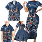 Personalized Carlton Blues Football Mascot Family Matching Short Sleeve Bodycon Dress and Hawaiian Shirt Aboriginal Dot Art Style Vibrant Indigenous Pattern Design