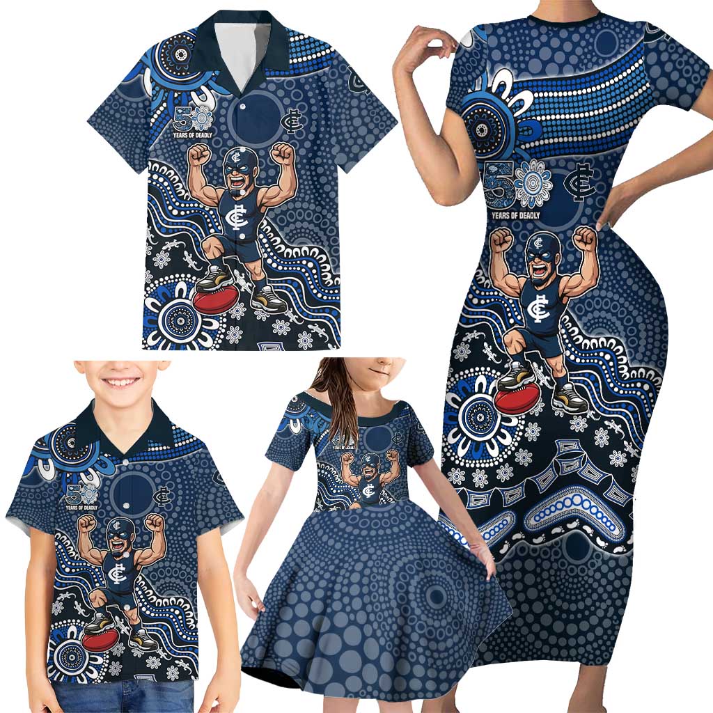 Personalized Carlton Blues Football Mascot Family Matching Short Sleeve Bodycon Dress and Hawaiian Shirt Aboriginal Dot Art Style Vibrant Indigenous Pattern Design