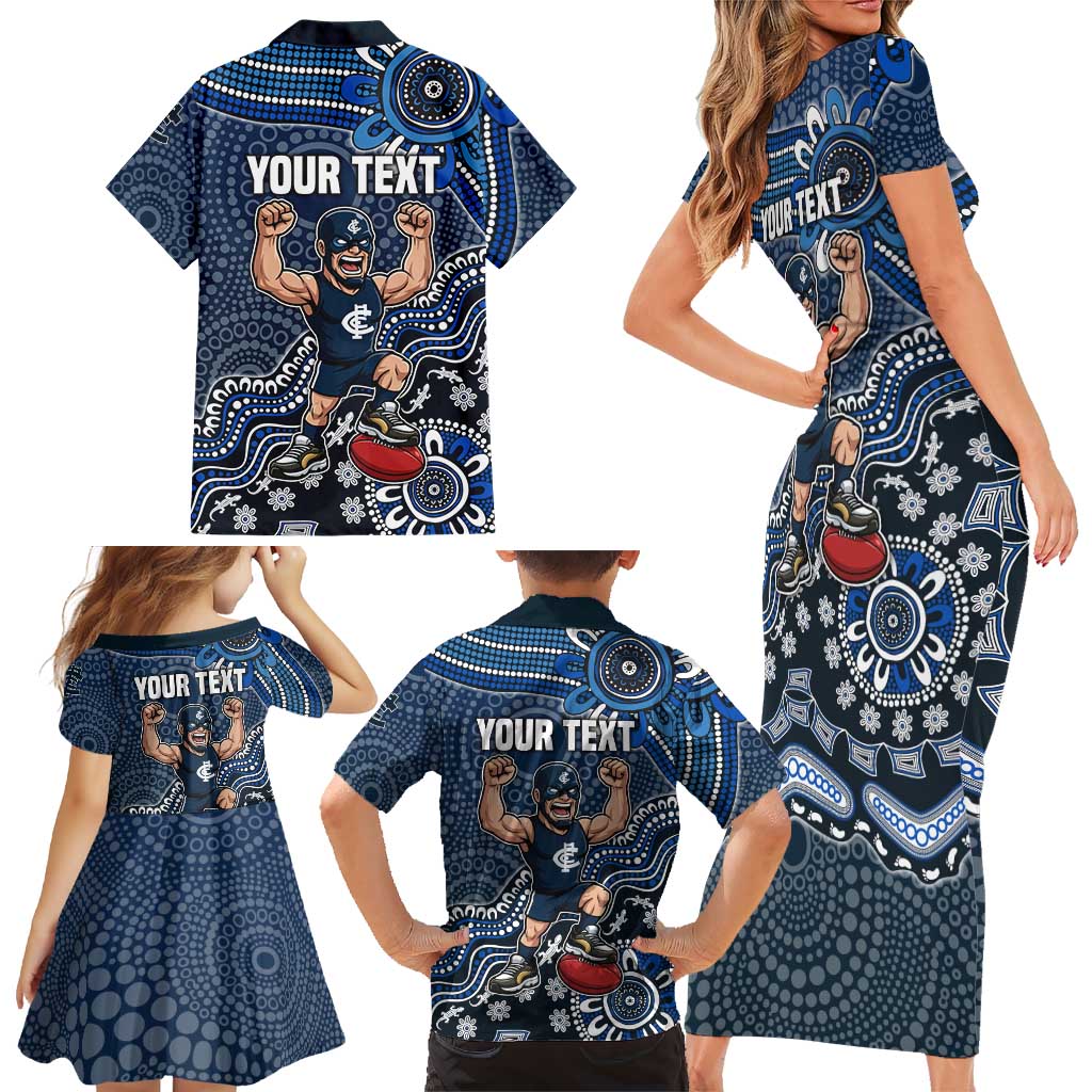 Personalized Carlton Blues Football Mascot Family Matching Short Sleeve Bodycon Dress and Hawaiian Shirt Aboriginal Dot Art Style Vibrant Indigenous Pattern Design