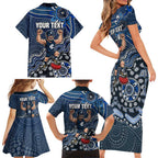 Personalized Carlton Blues Football Mascot Family Matching Short Sleeve Bodycon Dress and Hawaiian Shirt Aboriginal Dot Art Style Vibrant Indigenous Pattern Design