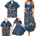 Personalized Carlton Blues Football Mascot Family Matching Summer Maxi Dress and Hawaiian Shirt Aboriginal Dot Art Style Vibrant Indigenous Pattern Design